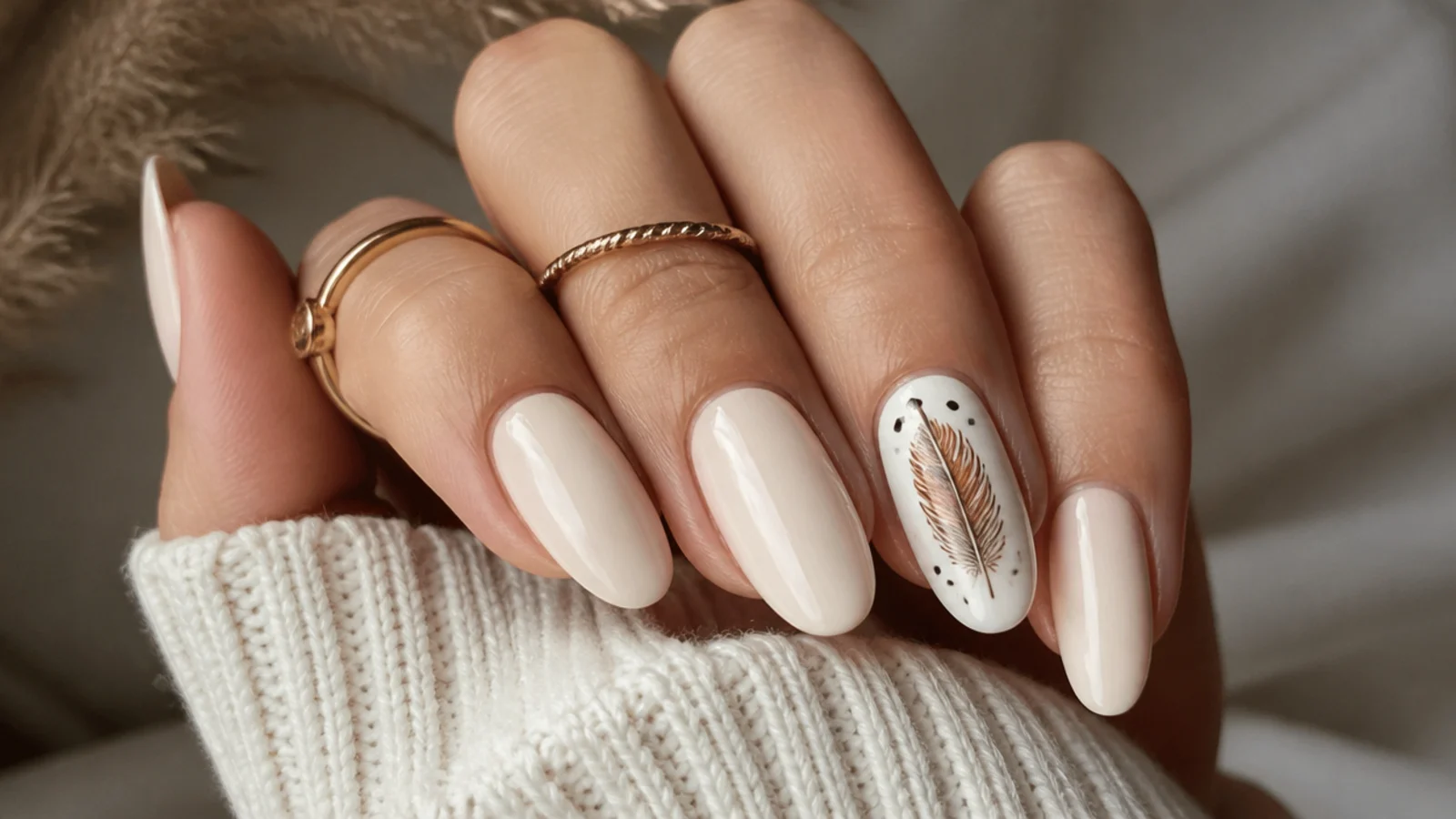 Cream boho nails with a fine brown and rust feather accent nail