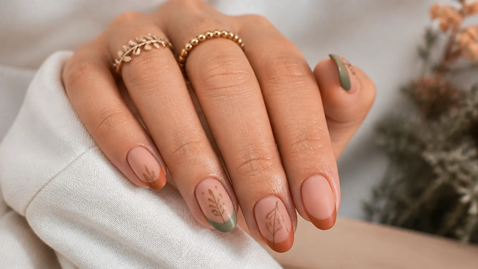 Nude boho nails with matte terracotta and olive French tips
