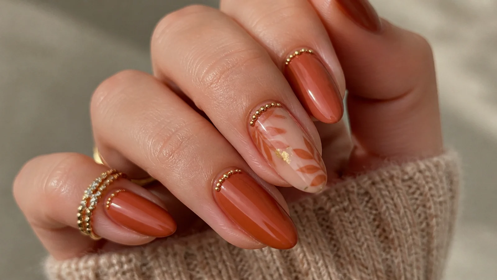 Terracotta boho nails with tiny gold caviar bead cuticle detail