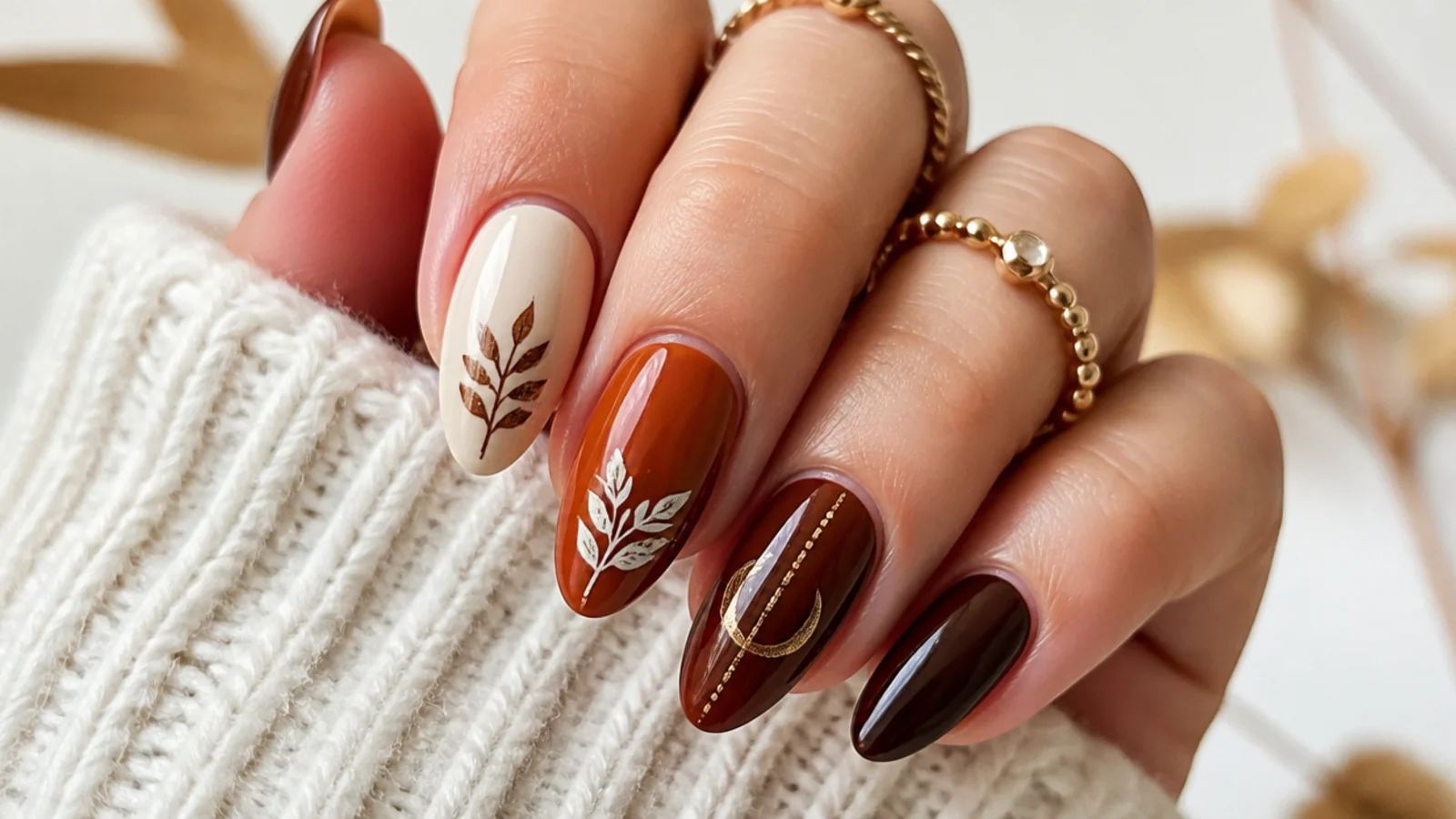 Boho nails fading from cream to rust to brown in an earthy ombre