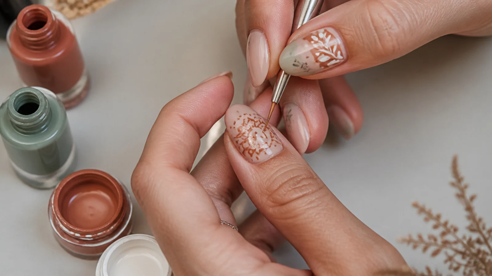 Boho nail supplies with a fine liner brush drawing a terracotta mandala