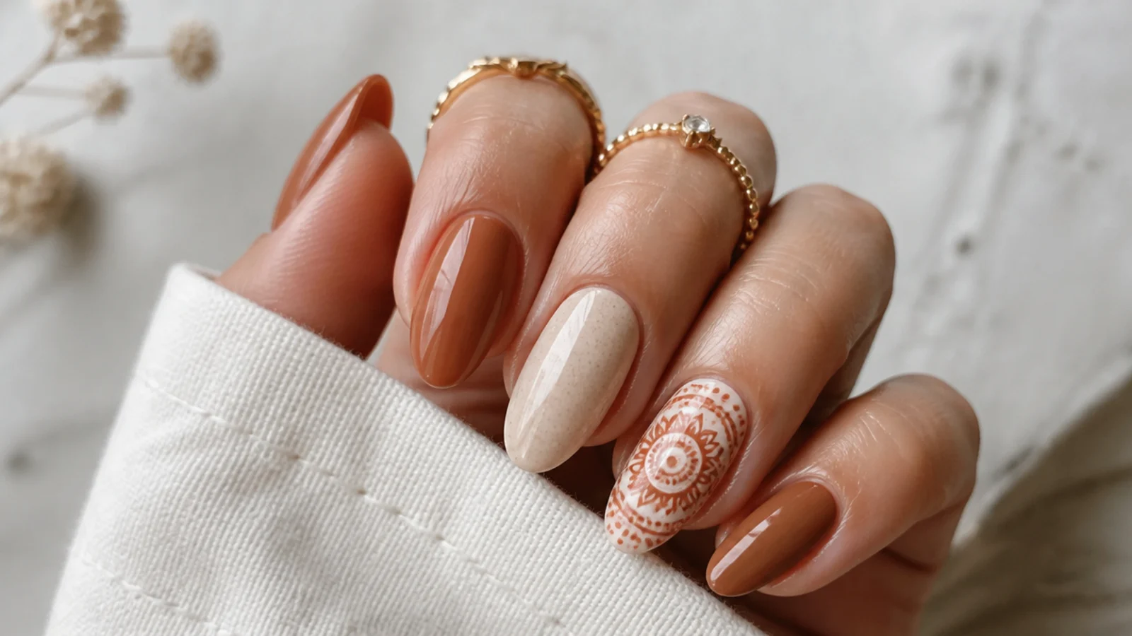 Earthy terracotta and cream boho nails with a small mandala accent on an almond shape