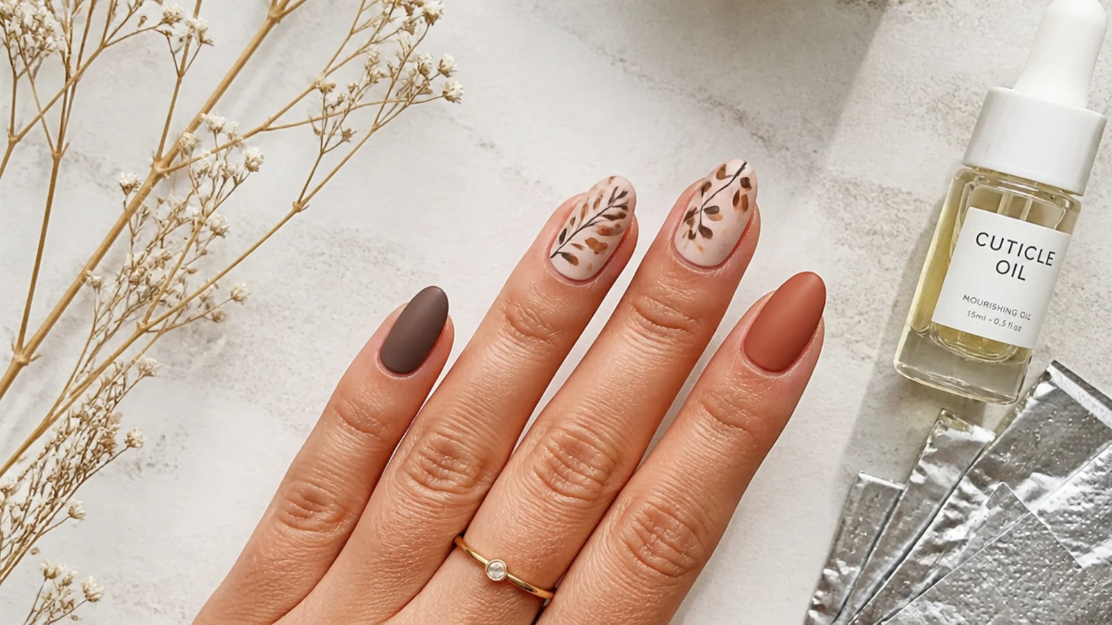 A sealed matte boho manicure with cuticle oil and acetone foils for removal