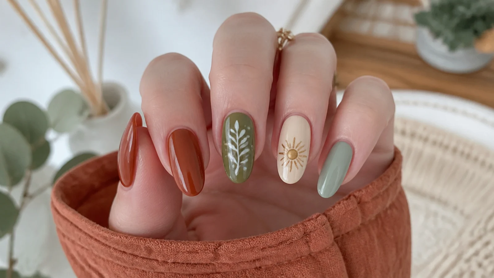 Swatches of terracotta, rust, olive, sage, cream and muted gold boho nail colors