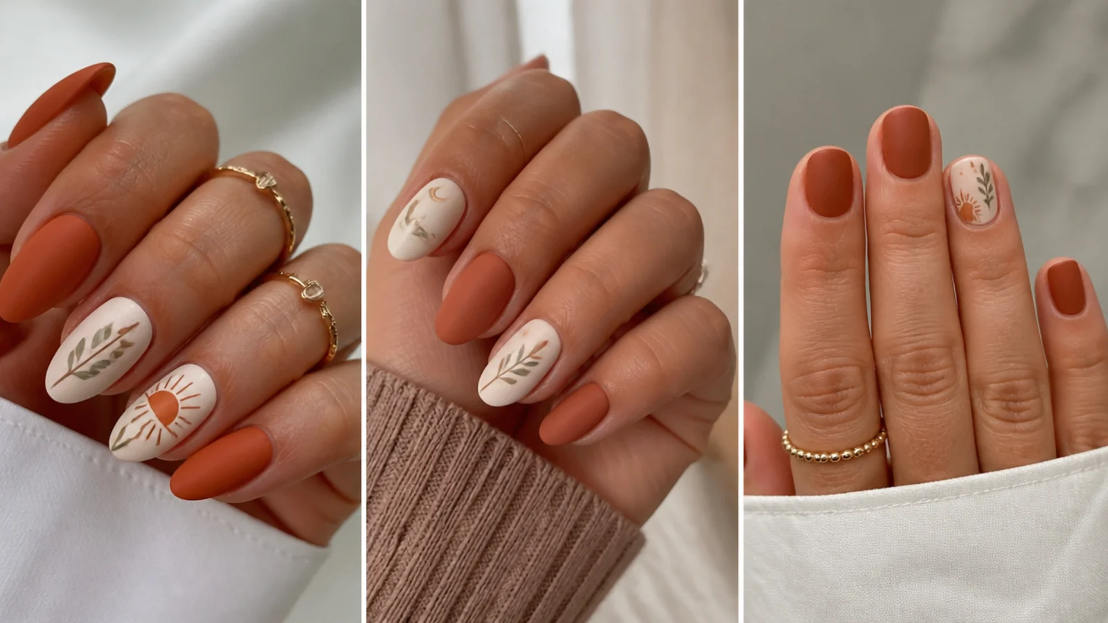 Almond, oval and short boho nails in matte terracotta and cream