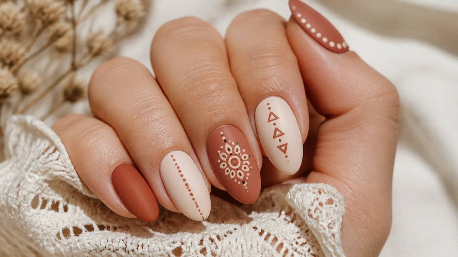 Earthy terracotta and cream boho nails with a small mandala and matte finish
