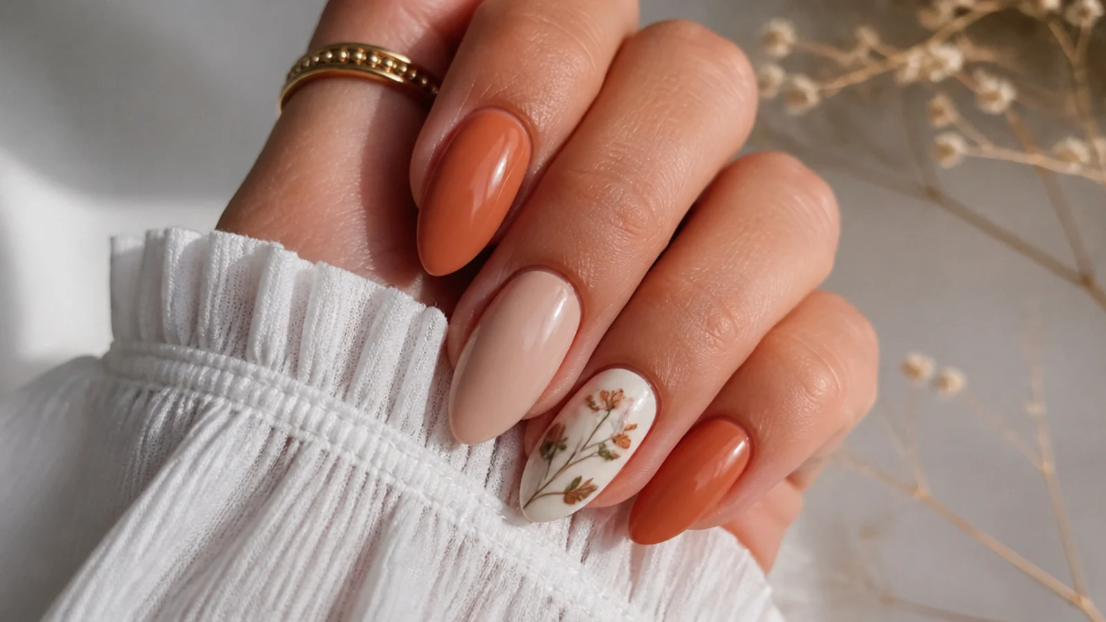 Warm terracotta boho spring nails with a small hand-drawn wildflower accent on almond nails