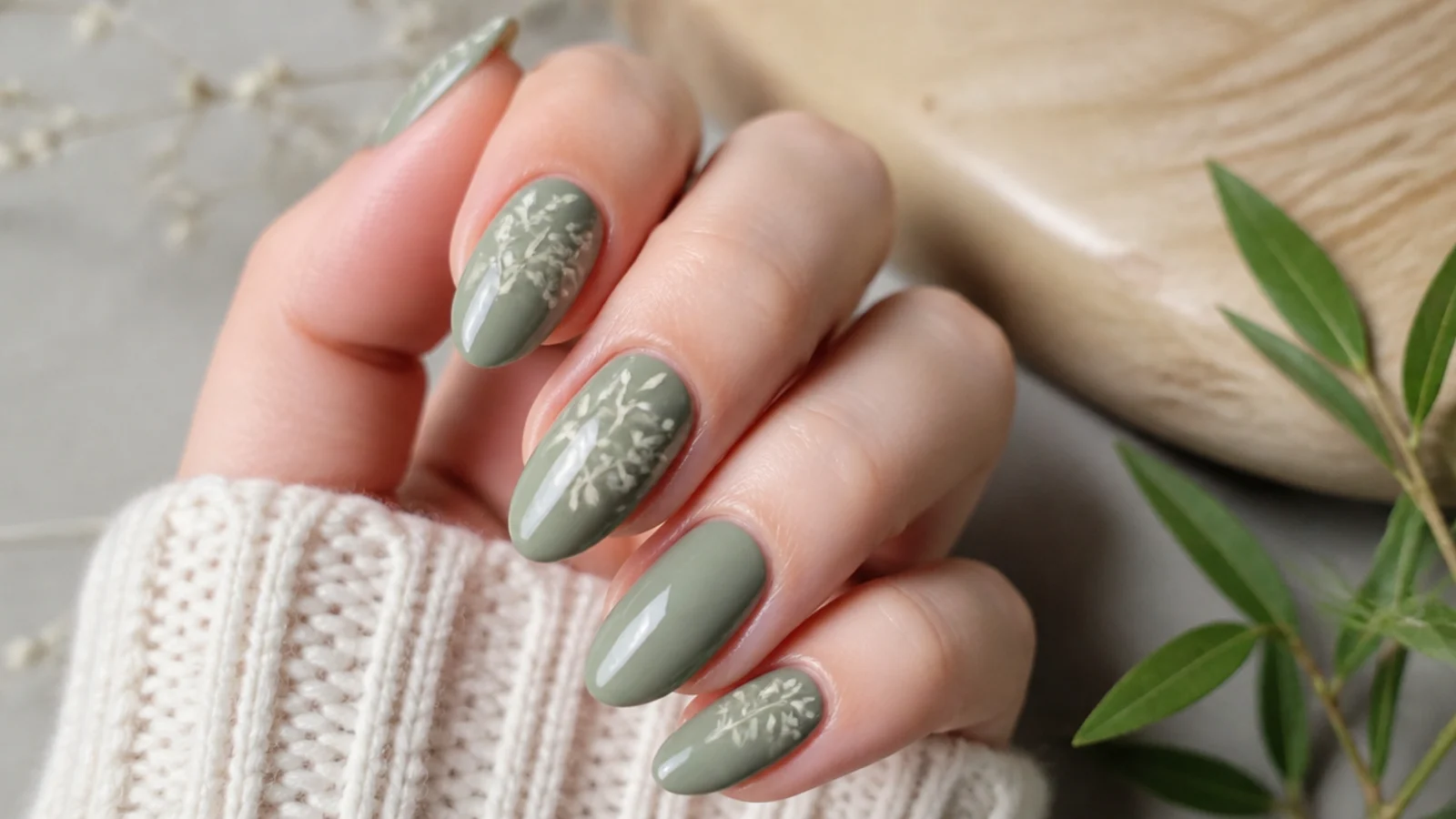 Sage green boho spring nails with fine cream fern leaves on oval nails