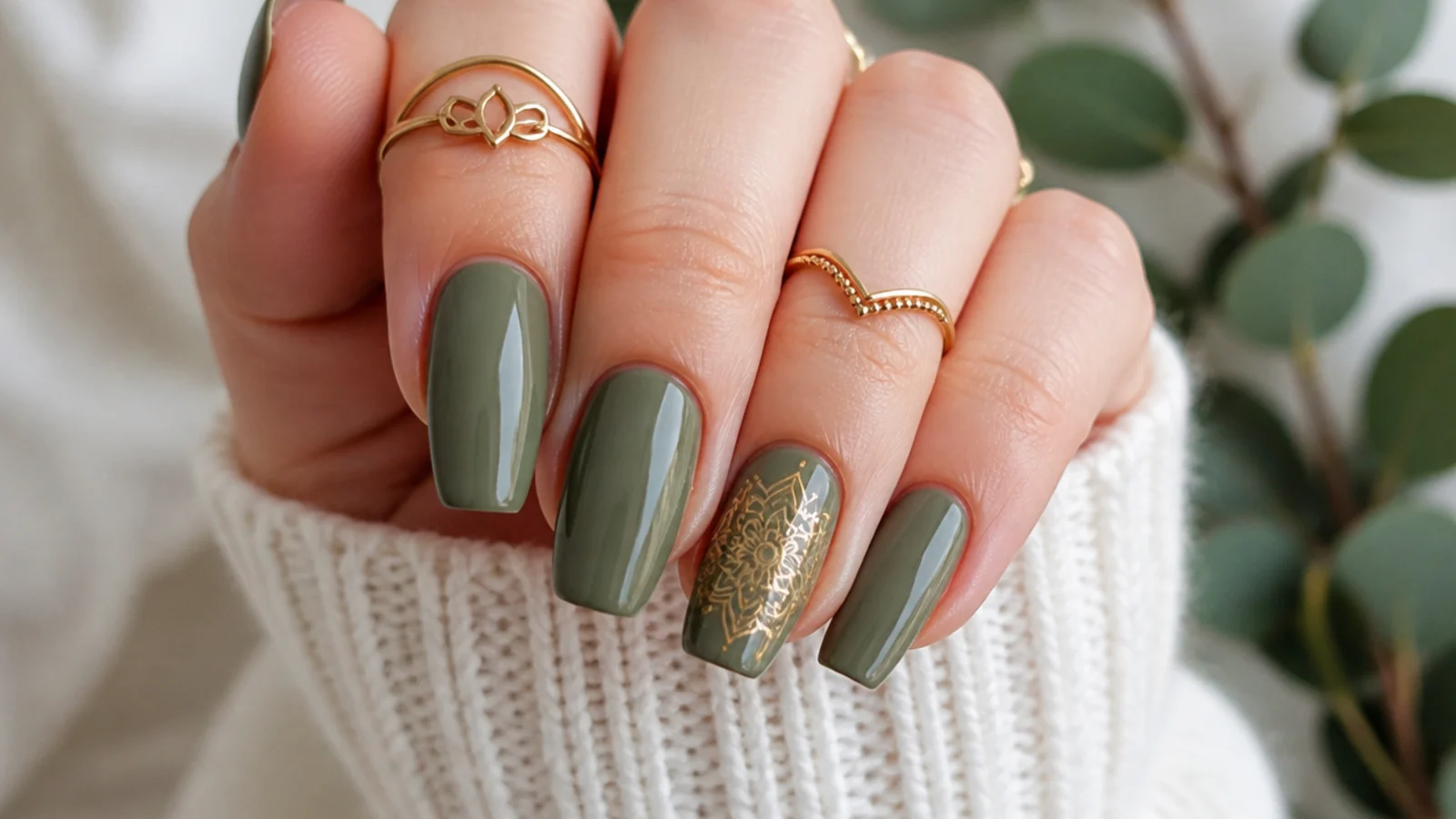 Olive green boho spring nails with a fine gold mandala on one accent nail