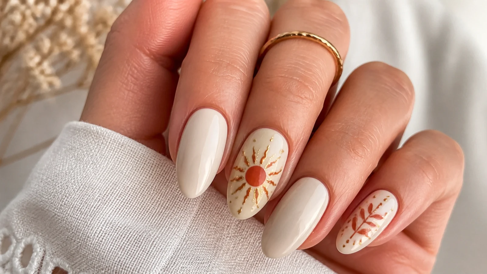 Cream boho spring nails with a rust and gold sun motif on an accent nail