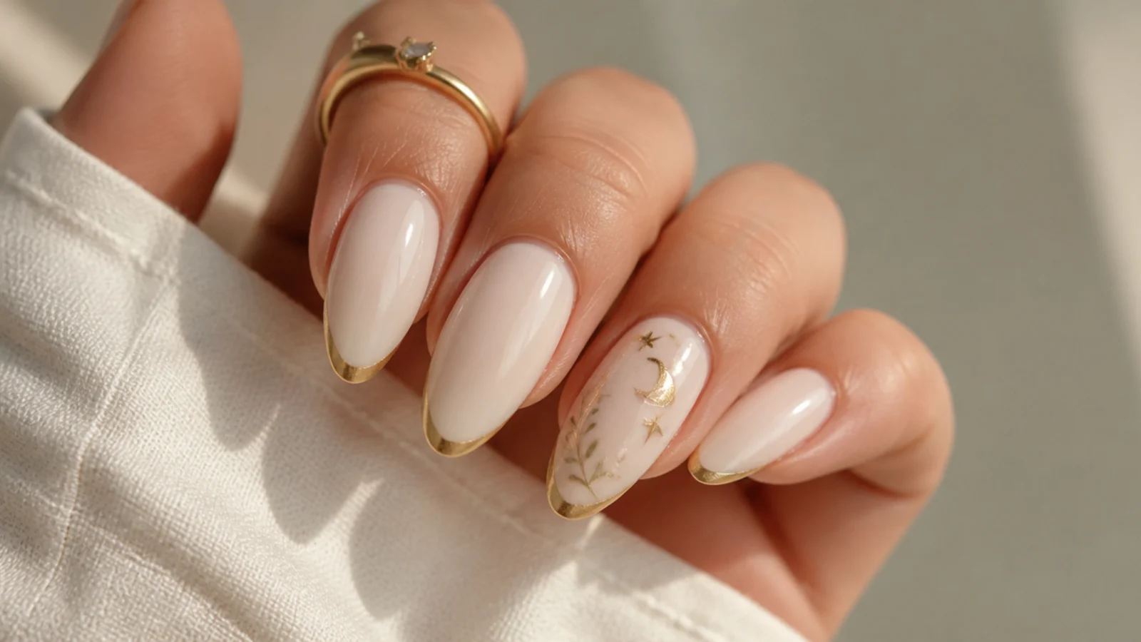 Cream boho spring nails with thin muted-gold French tips on almond nails