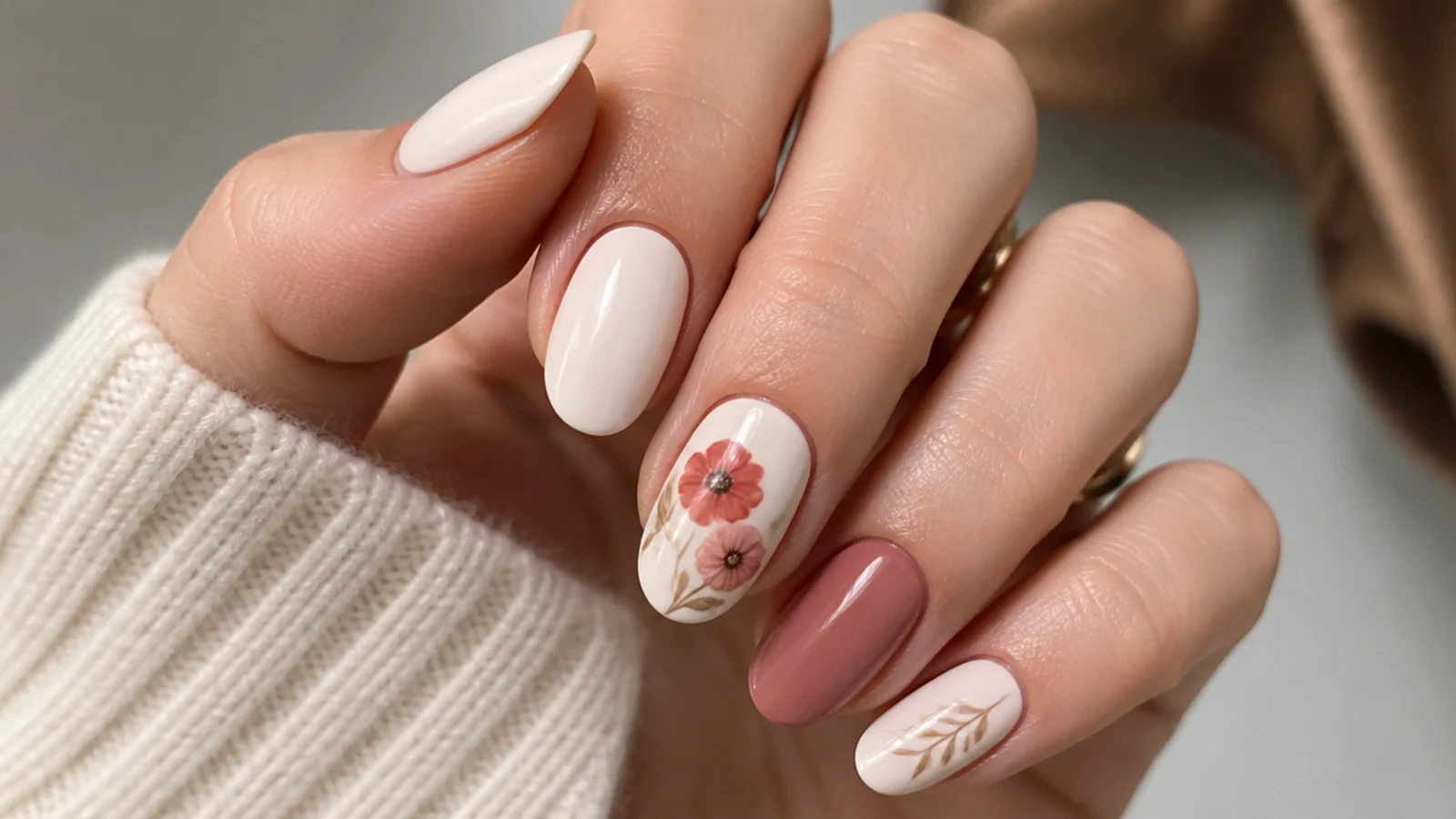 Cream boho spring nails with a dusty rose and rust poppy on an accent nail