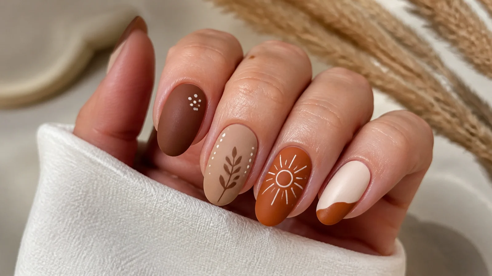 Warm brown matte boho spring nails on short almond nails