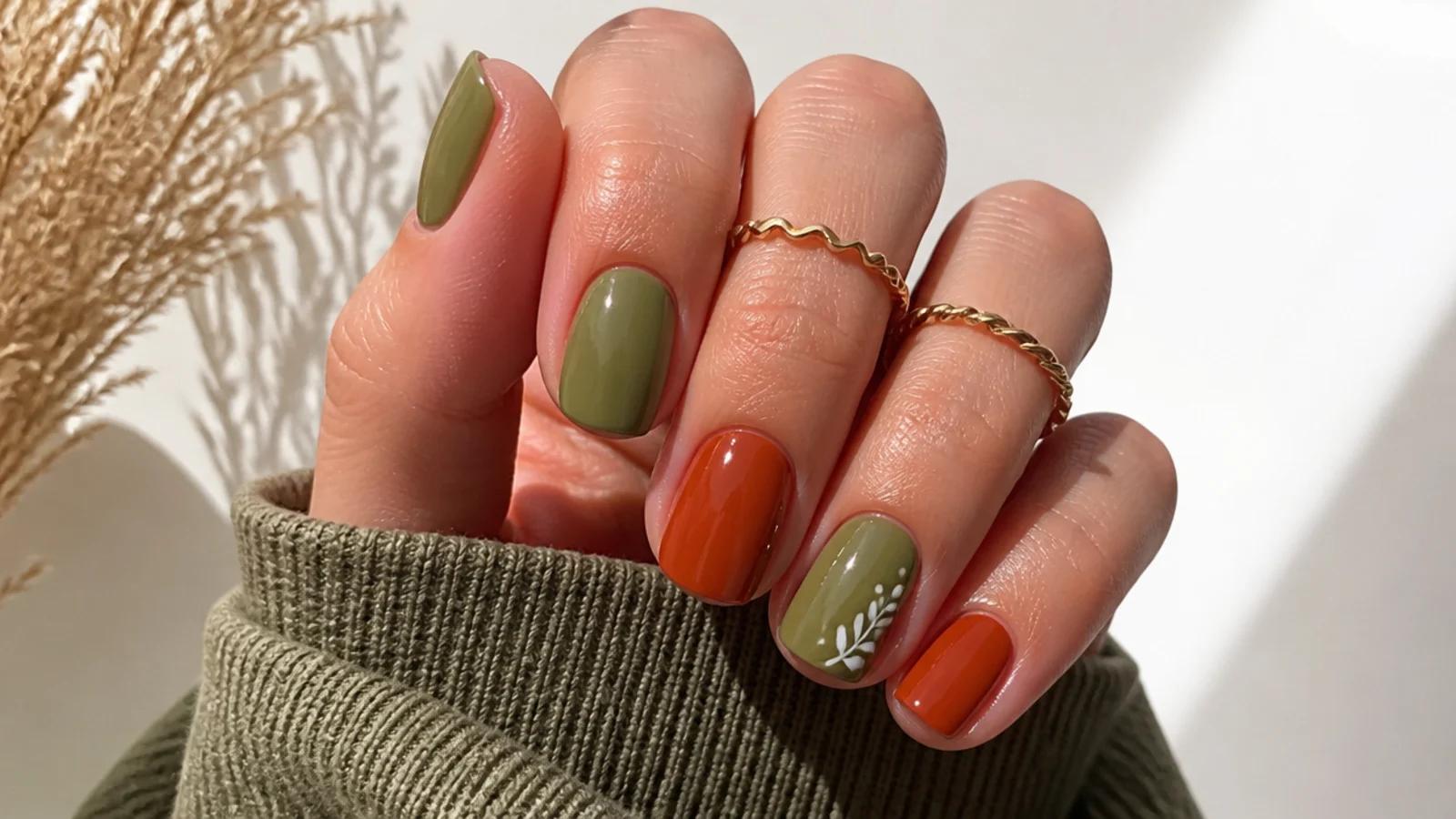 Boho spring nails alternating olive and rust solid colors on short nails