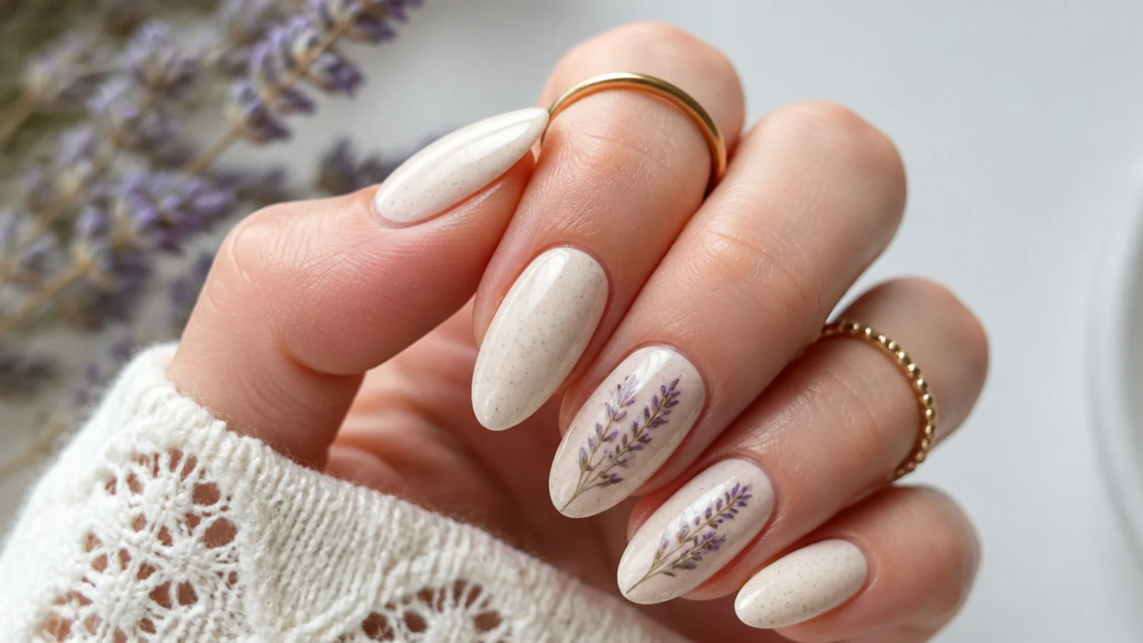Cream boho spring nails with muted purple lavender sprigs on accent nails