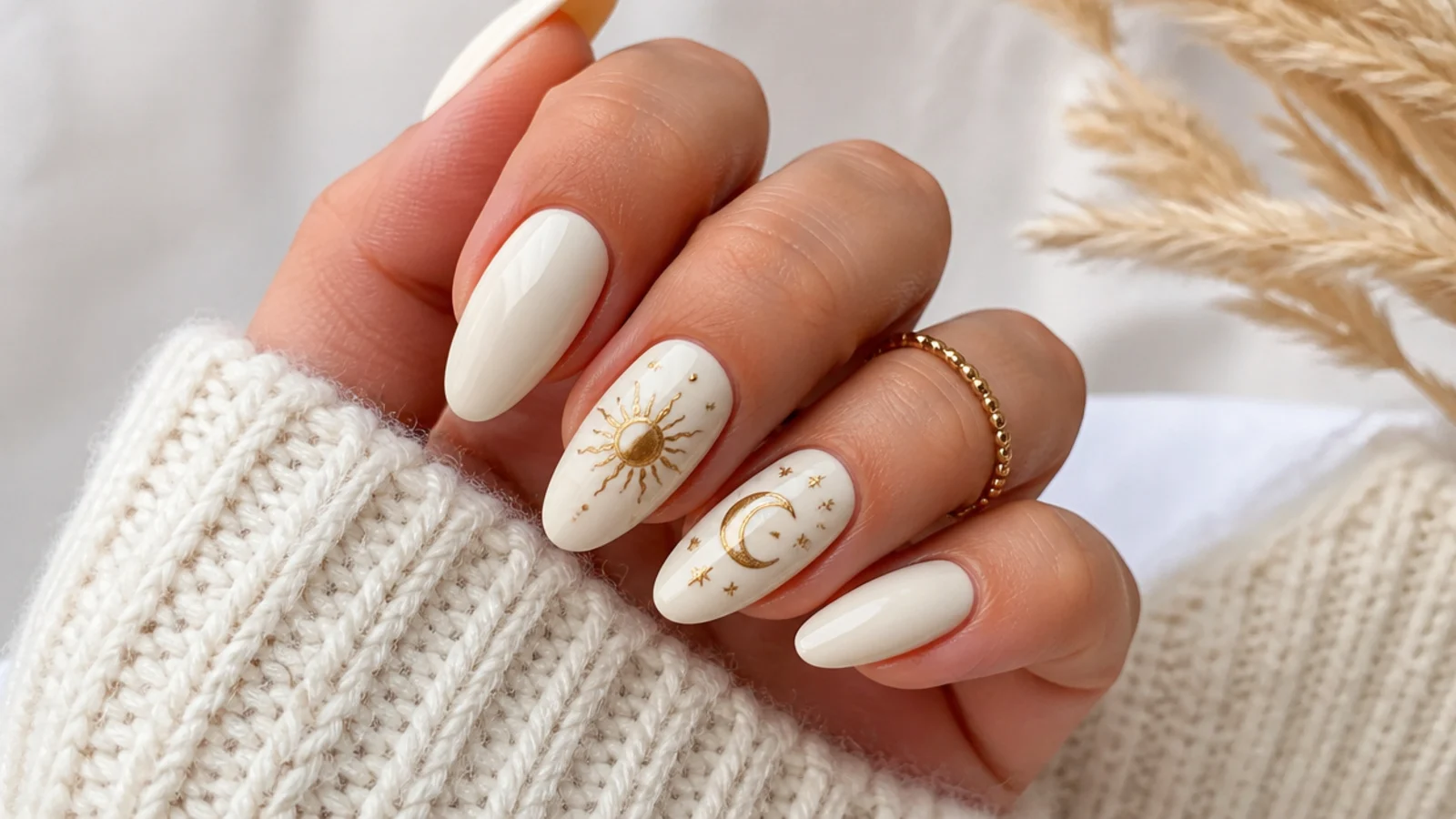 Cream boho spring nails with a gold sun and crescent moon on two accent nails