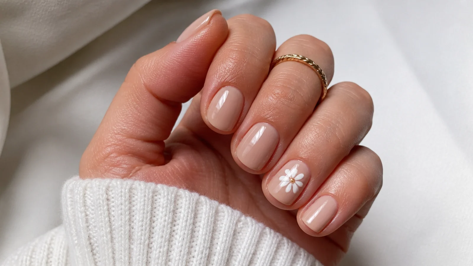 Short nude boho spring nails with one tiny cream flower accent