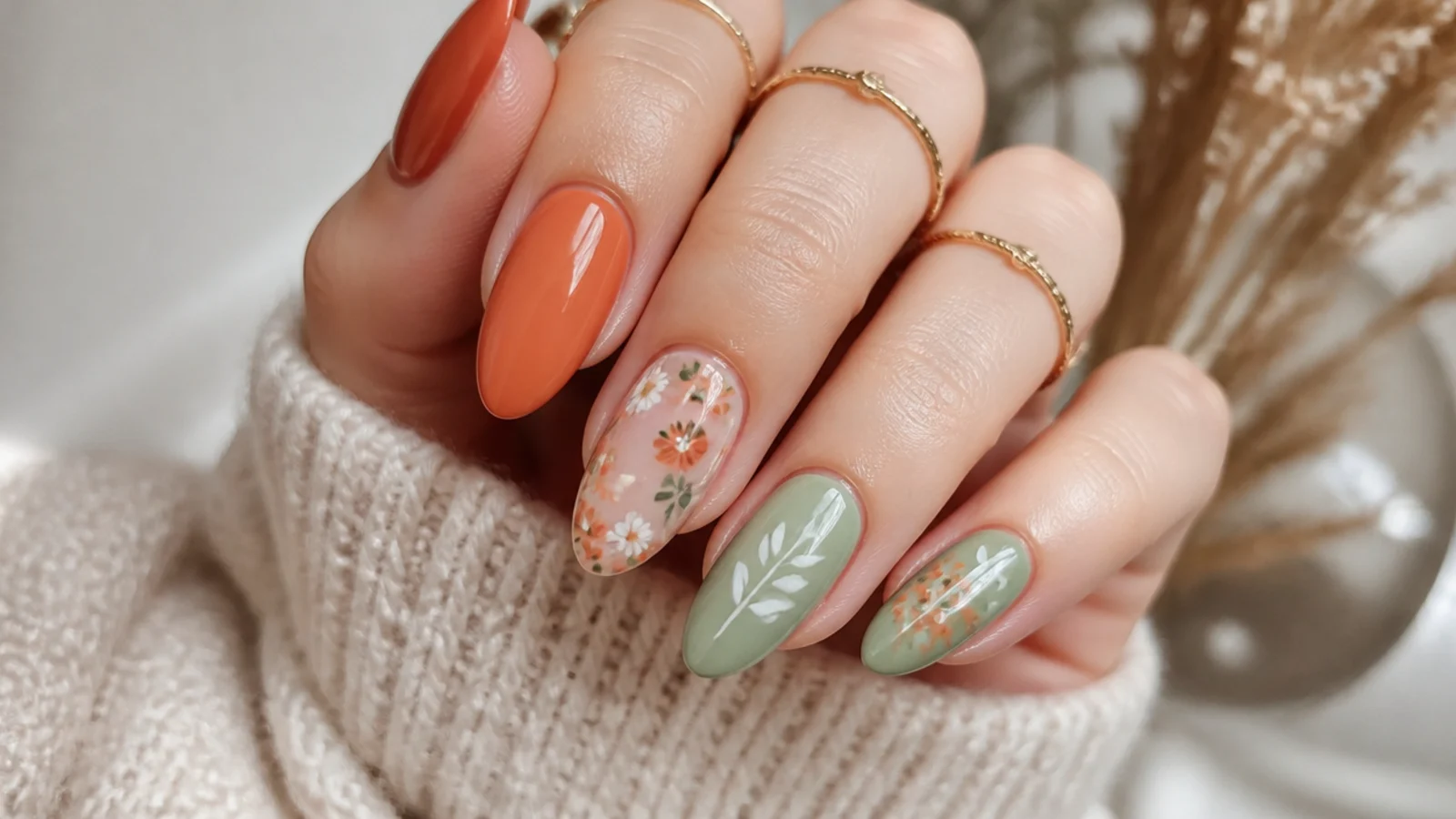 Earthy boho spring nails in terracotta and sage with small florals on almond nails