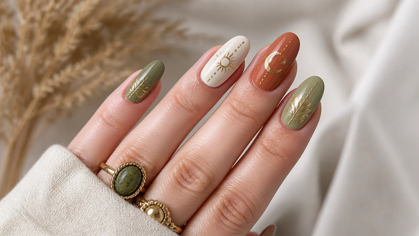 Swatches of terracotta, rust, olive, sage, cream and muted gold boho nail colors