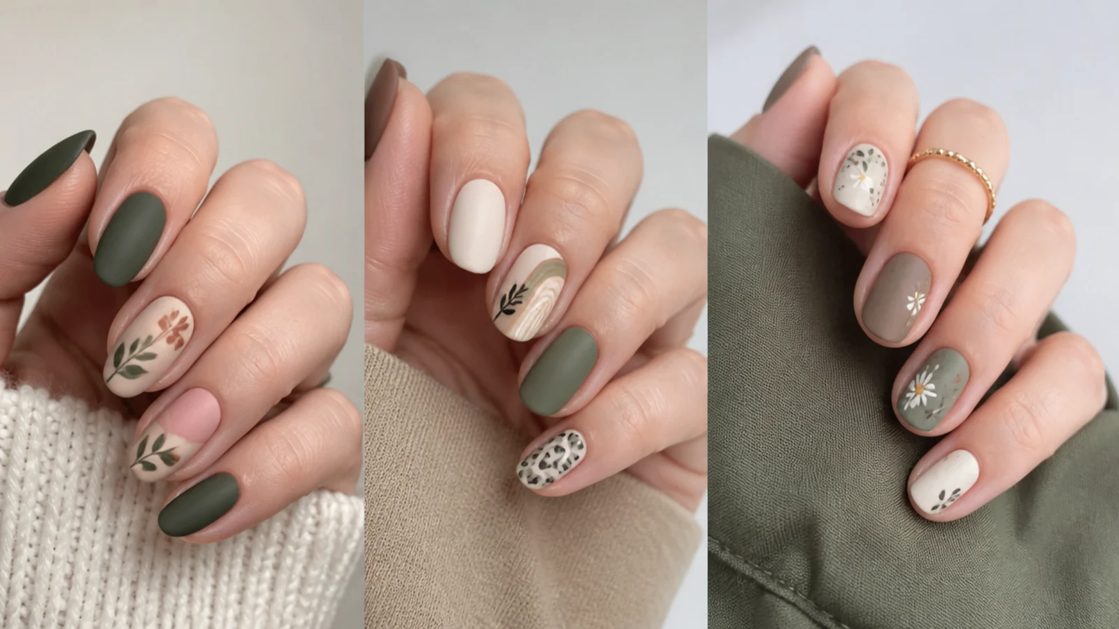 Almond, oval and short boho spring nails with matte earthy finishes