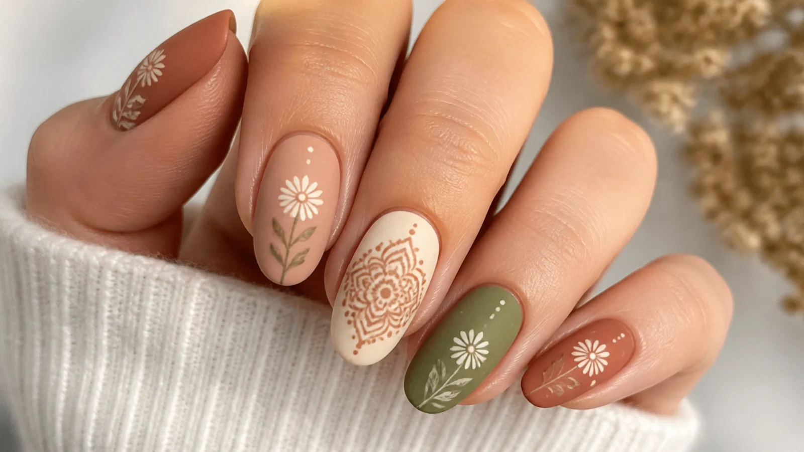 Earthy boho spring nails with a hand-drawn floral and mandala on a matte finish