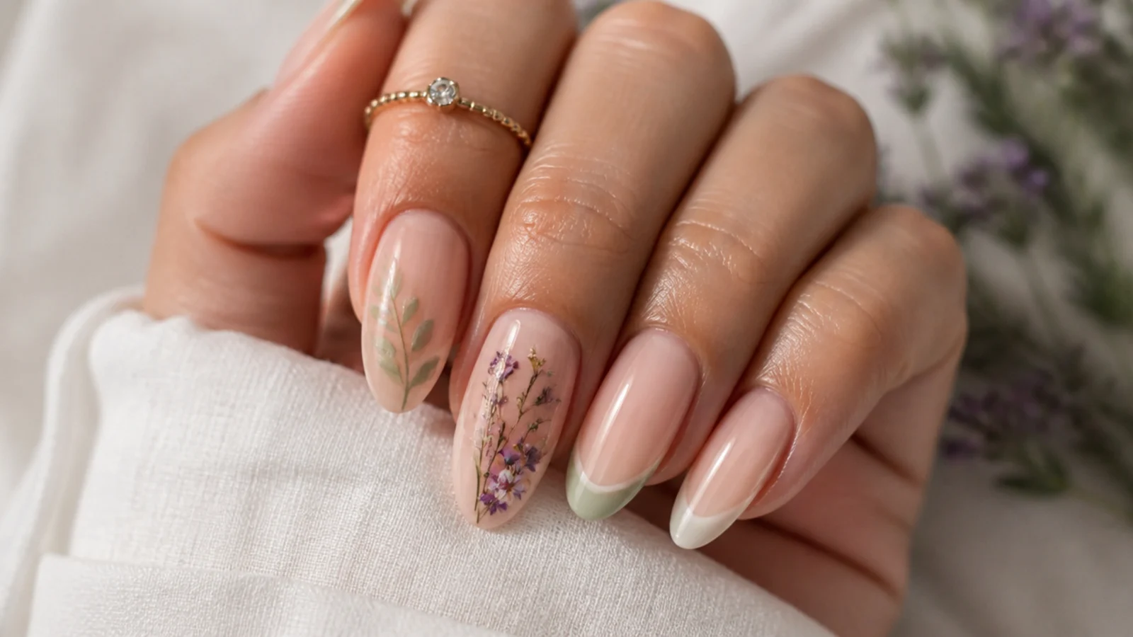 Nude boho wedding nails with a pressed wildflower accent nail in sage and lilac