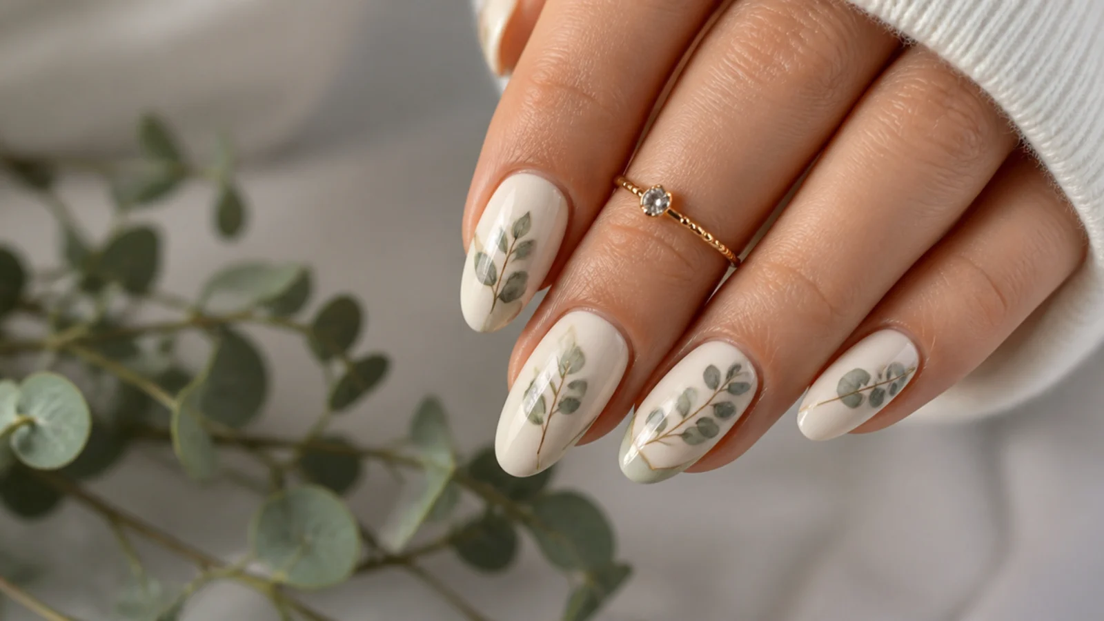Cream boho wedding nails with trailing sage green eucalyptus leaves