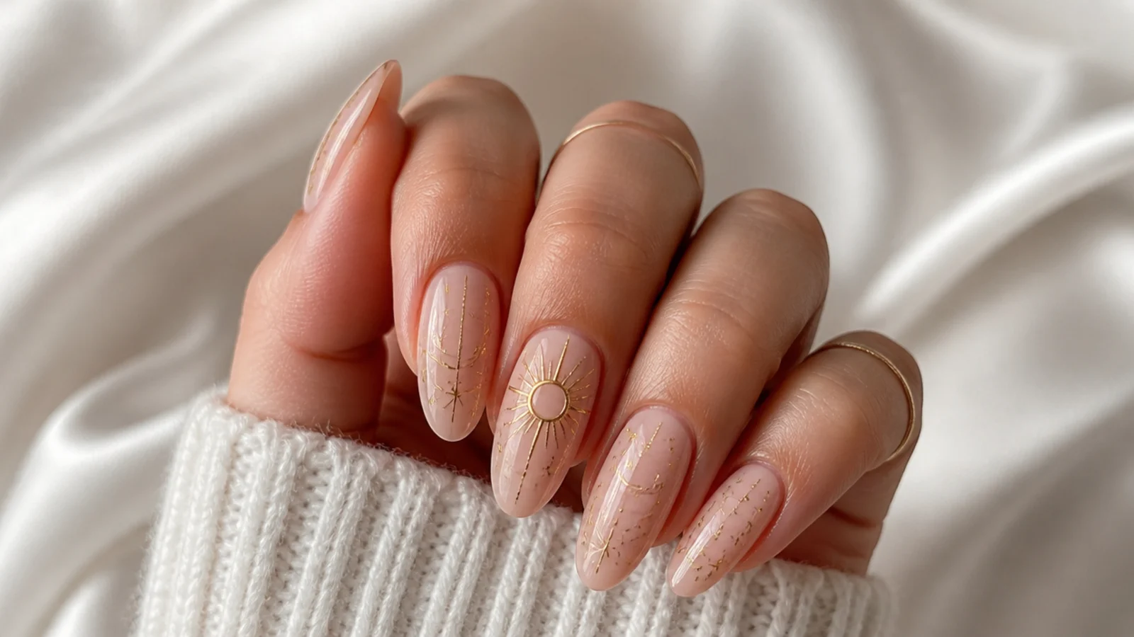 Nude boho wedding nails with fine gold sun, moon and star line detail