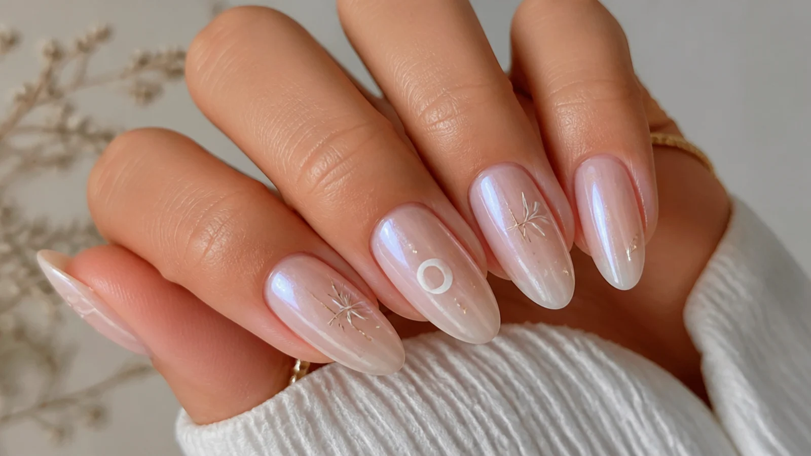 Milky nude boho wedding nails with a soft pearly opal shimmer glaze