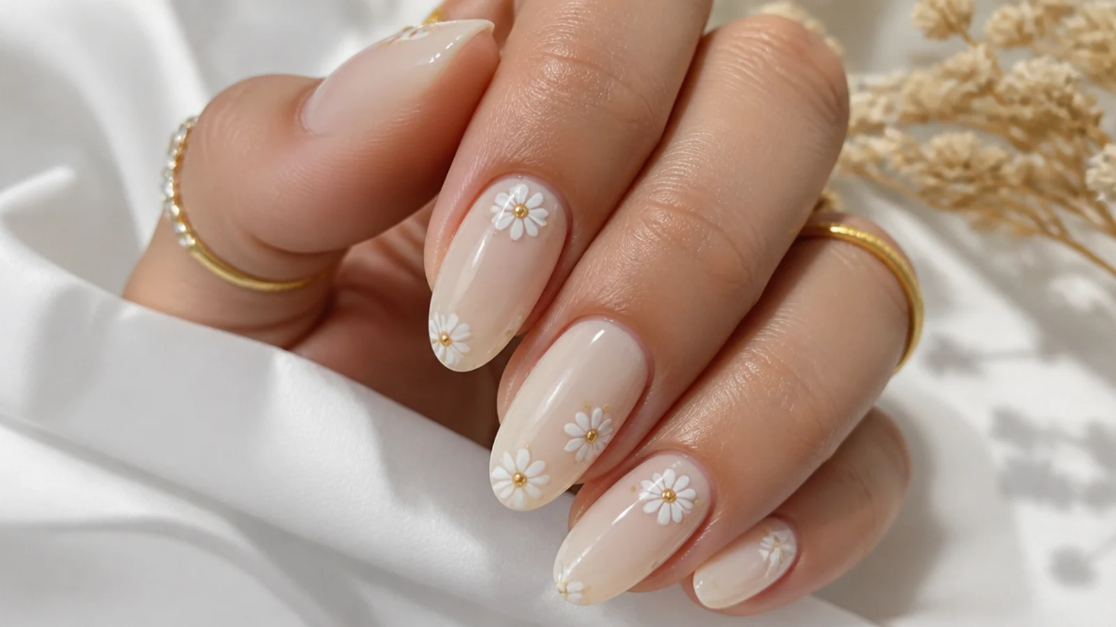 Cream boho wedding nails with tiny hand-painted white daisies and gold centers