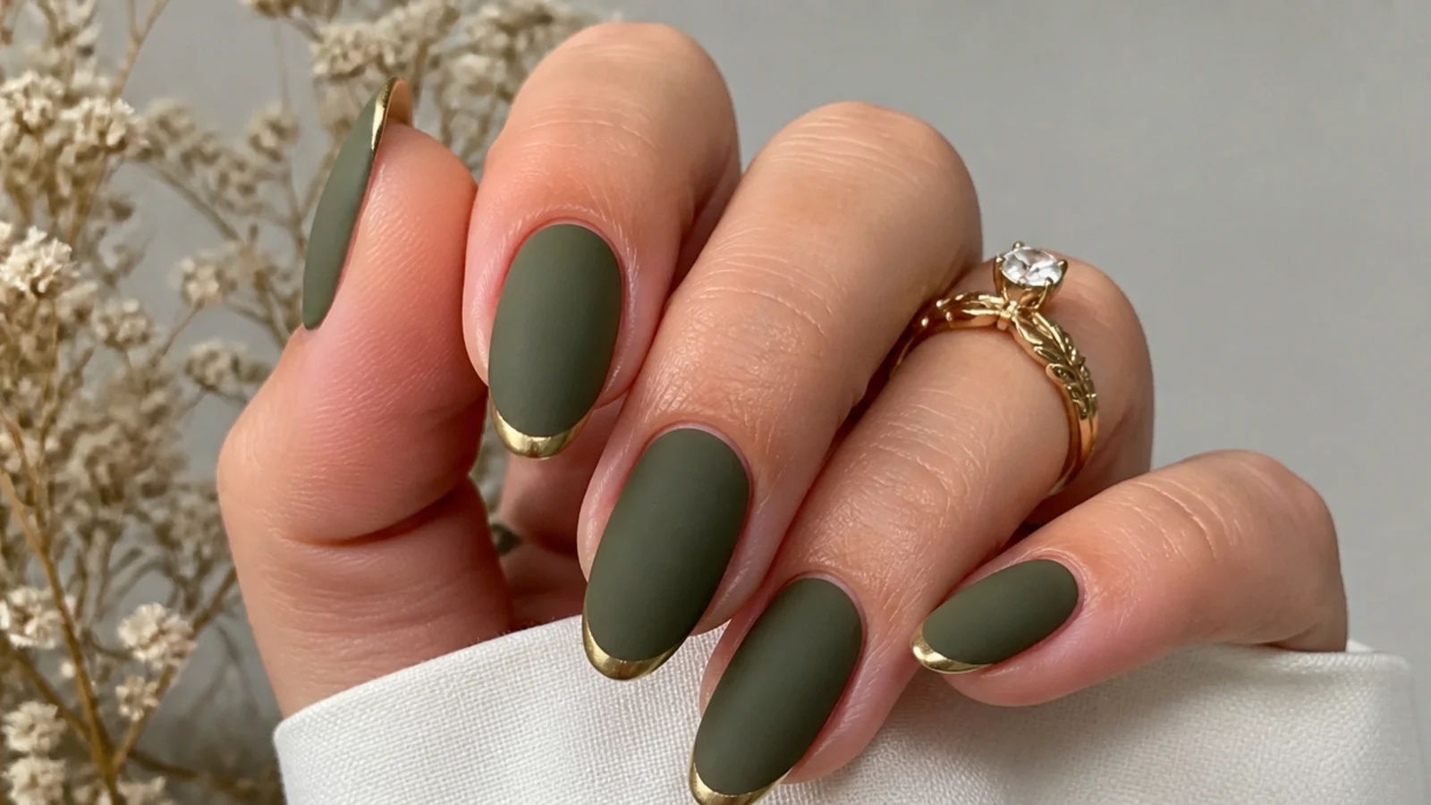 Matte olive green boho wedding nails with a fine muted gold tip line