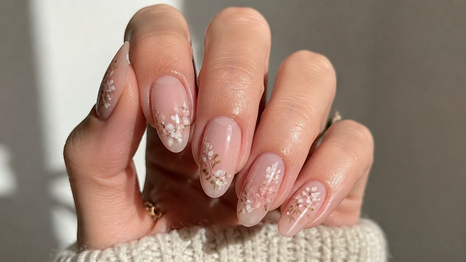 Sheer nude boho wedding nails with soft translucent cream and blush florals