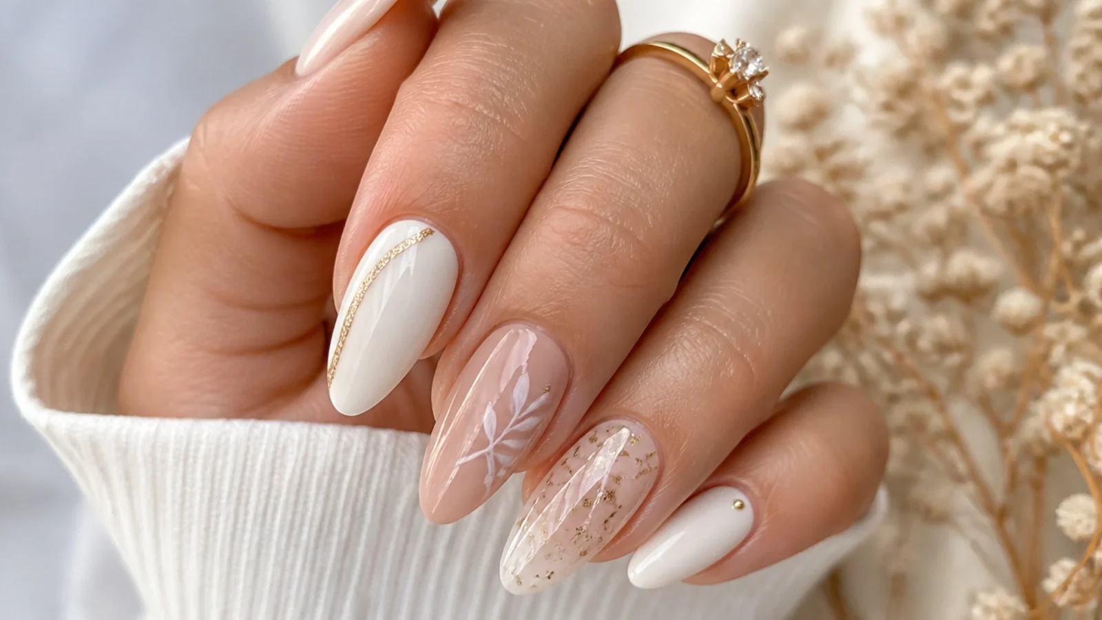Soft cream and nude boho wedding nails with gold and floral detail on an almond shape