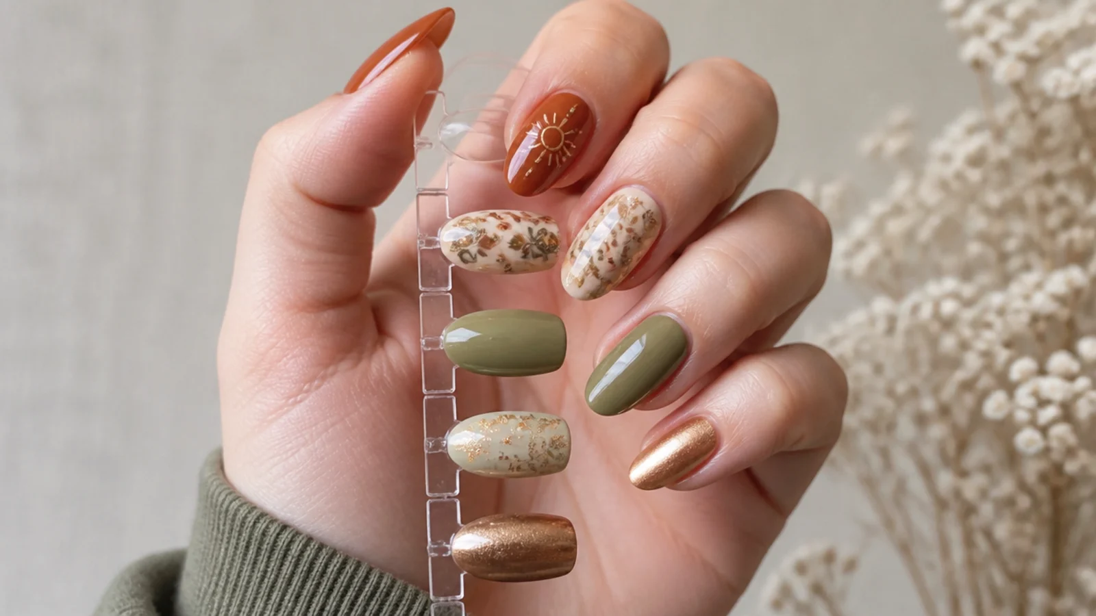 Swatches of terracotta, rust, olive, sage, cream and muted gold boho nail colors