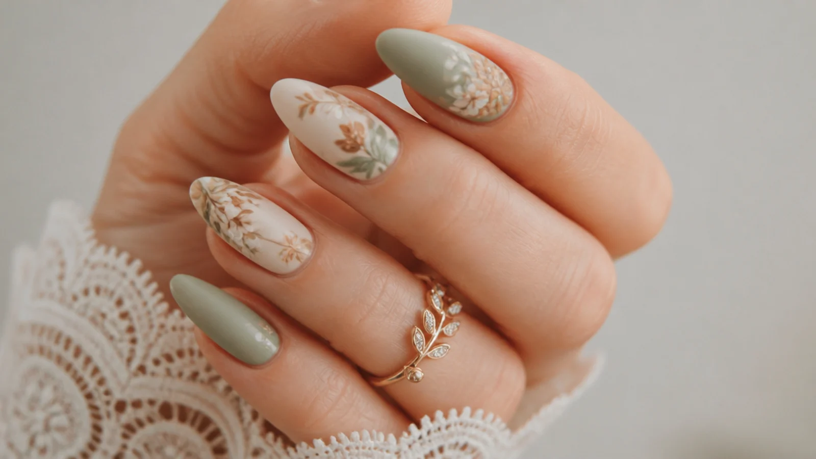 Earthy boho wedding nails with loose florals and a matte finish on almond shapes