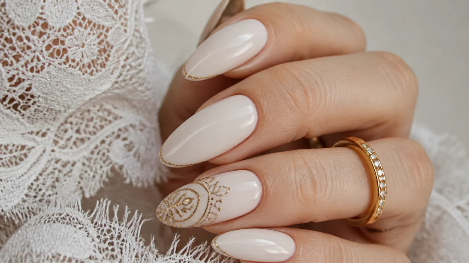Cream boho wedding nails with fine gold mandala detail on one accent nail