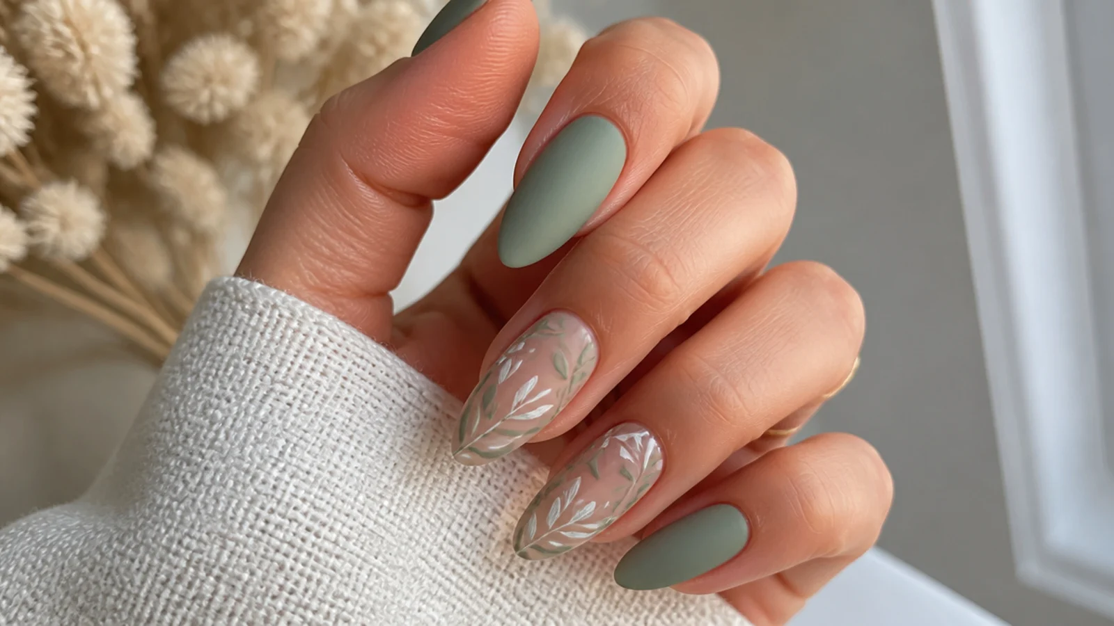 Muted sage green matte almond boho wedding nails