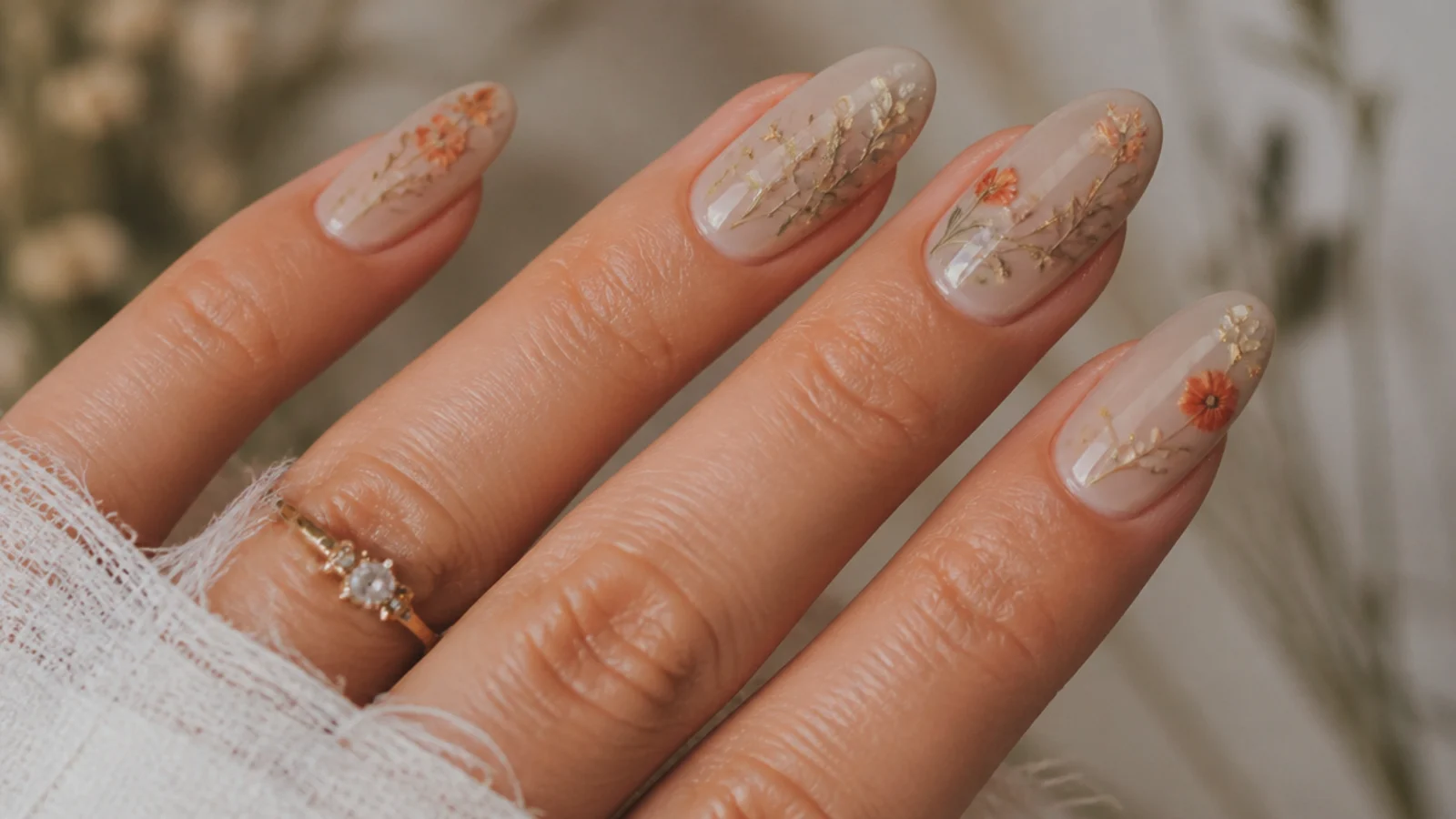 Nude boho wedding nails with tiny pressed wildflower florals in rust and sage