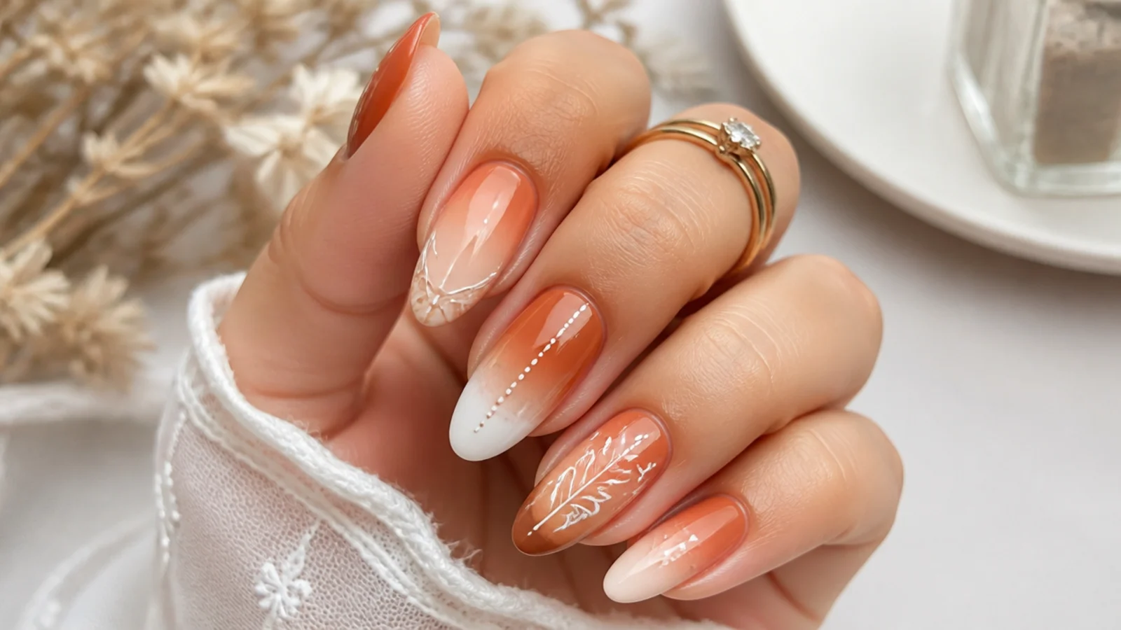 Warm rust and cream ombre boho wedding nails blending together