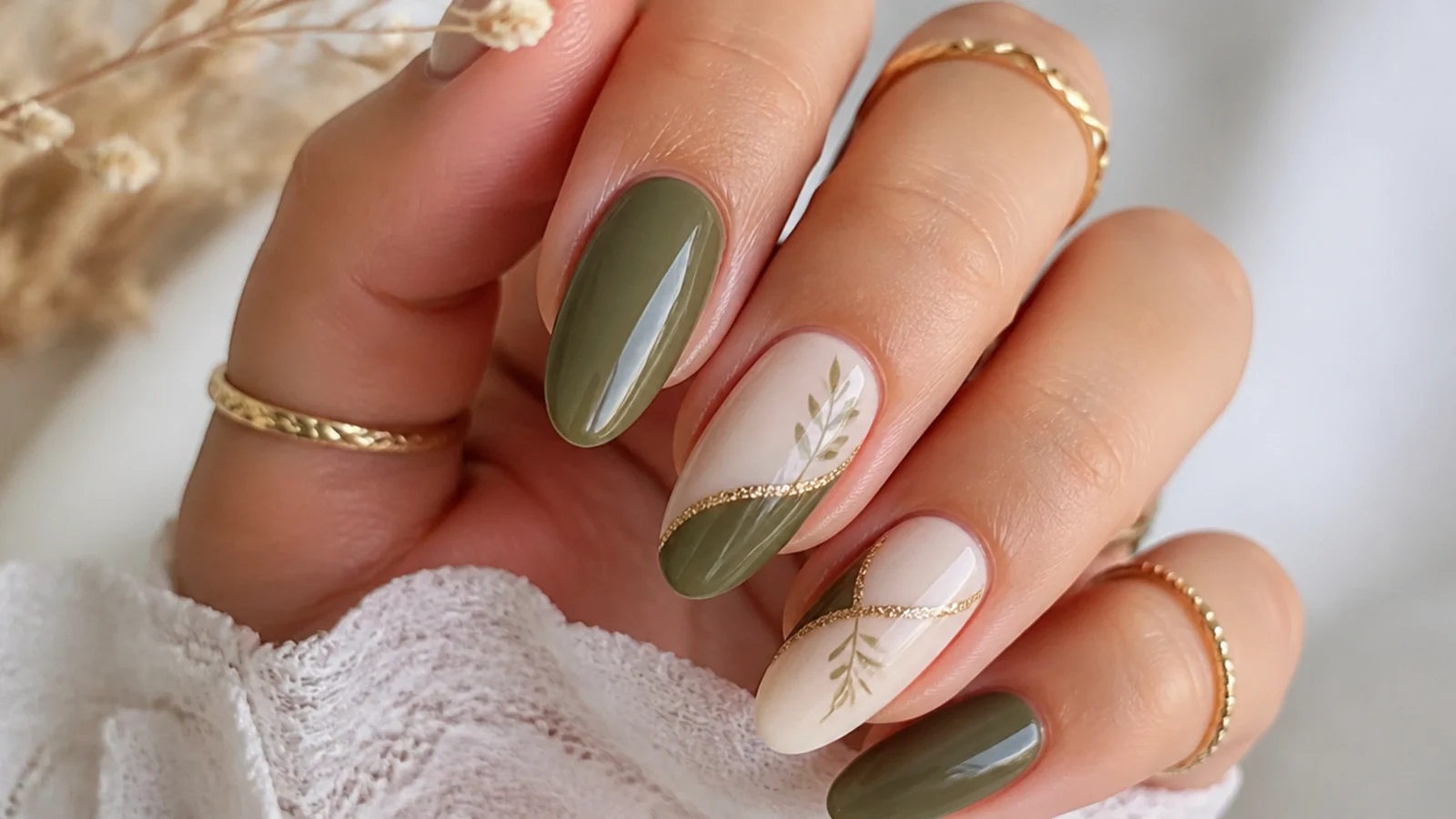 Olive green and cream colorblock boho wedding nails with a fine gold divider