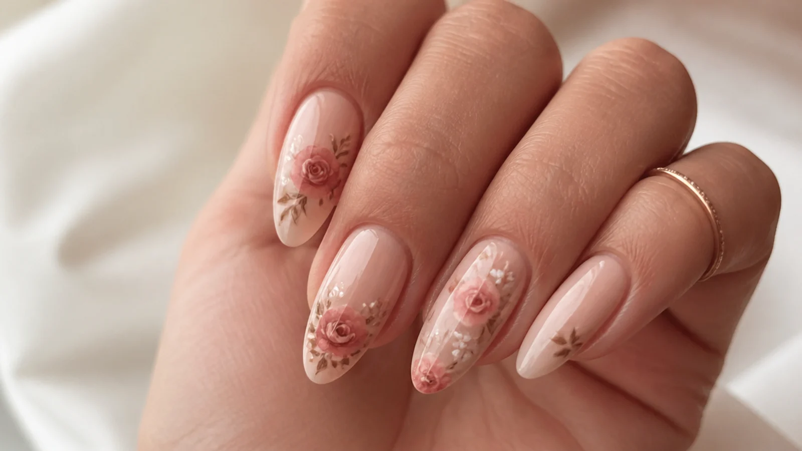 Nude boho wedding nails with soft dusty rose watercolor florals