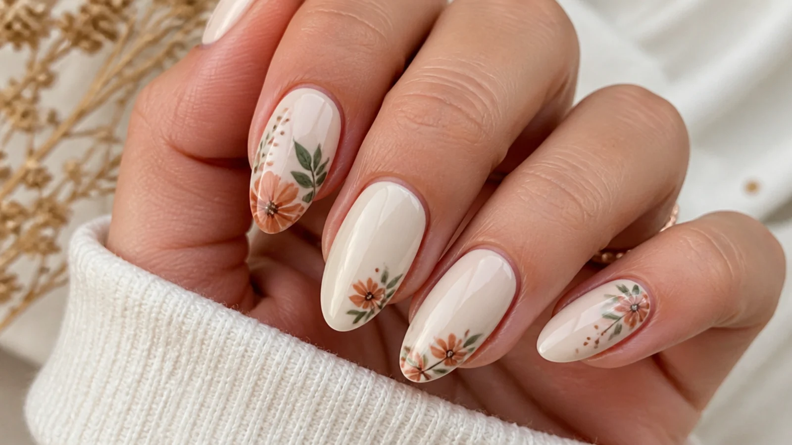 Cream boho wedding nails with terracotta flowers and sage leaf sprigs