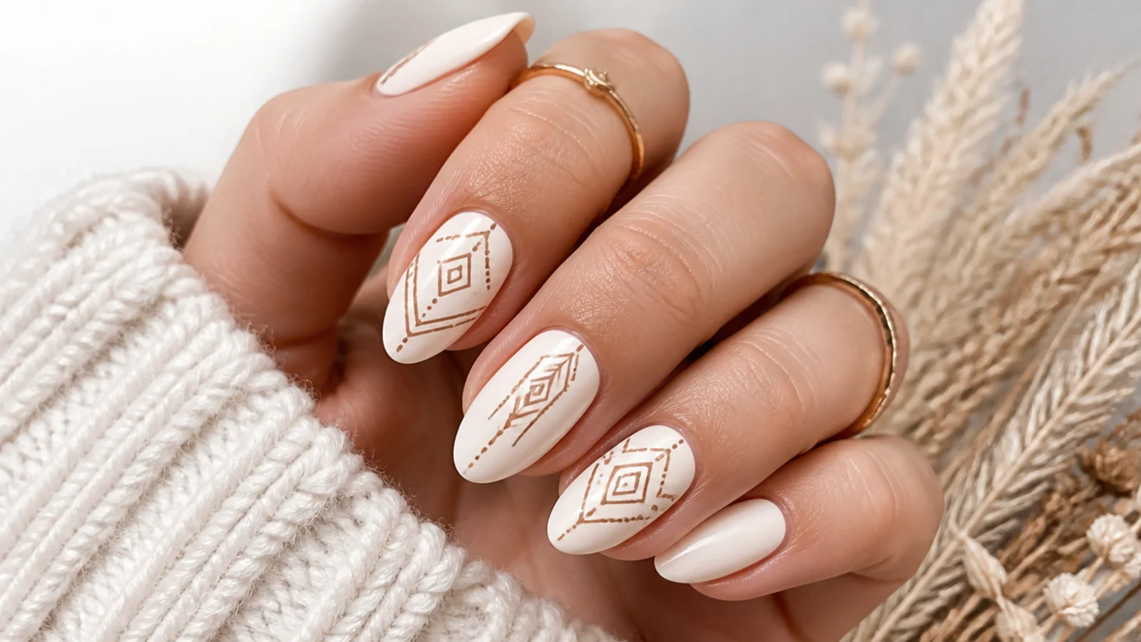 Cream boho wedding nails with fine brown aztec geometric line accent