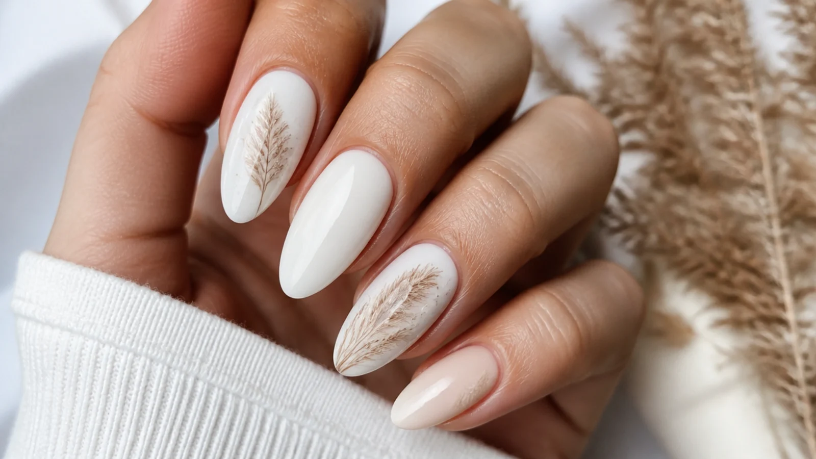 Milky cream boho wedding nails with soft tan pampas grass detail