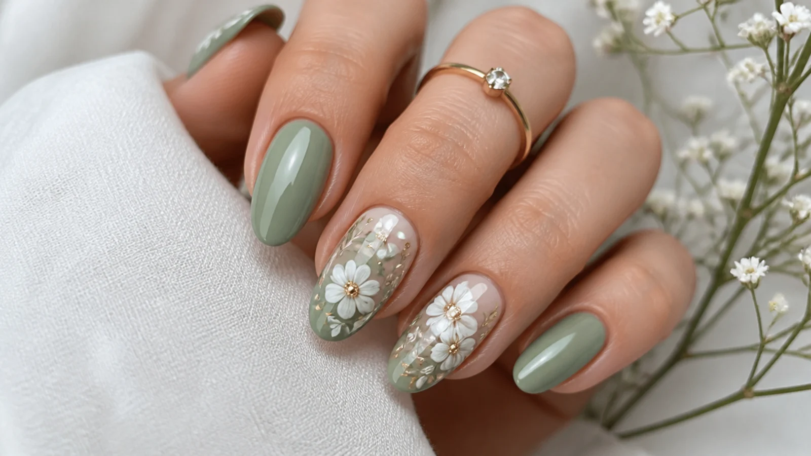Sage green boho wedding nails with small white and gold daisy florals