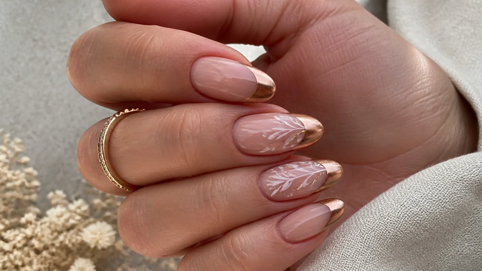 Warm nude boho wedding nails with copper chrome tips