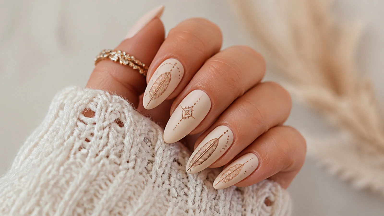Matte cream boho wedding nails with fine brown western feather and dot detail