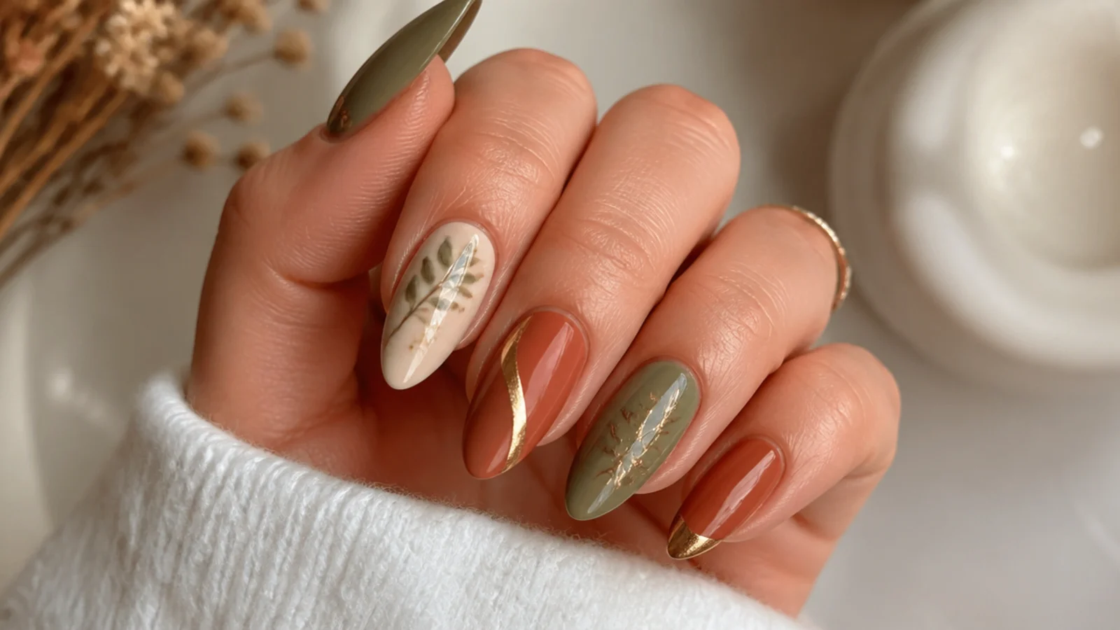 Earthy terracotta and sage boho wedding nails on an almond shape with gold detail