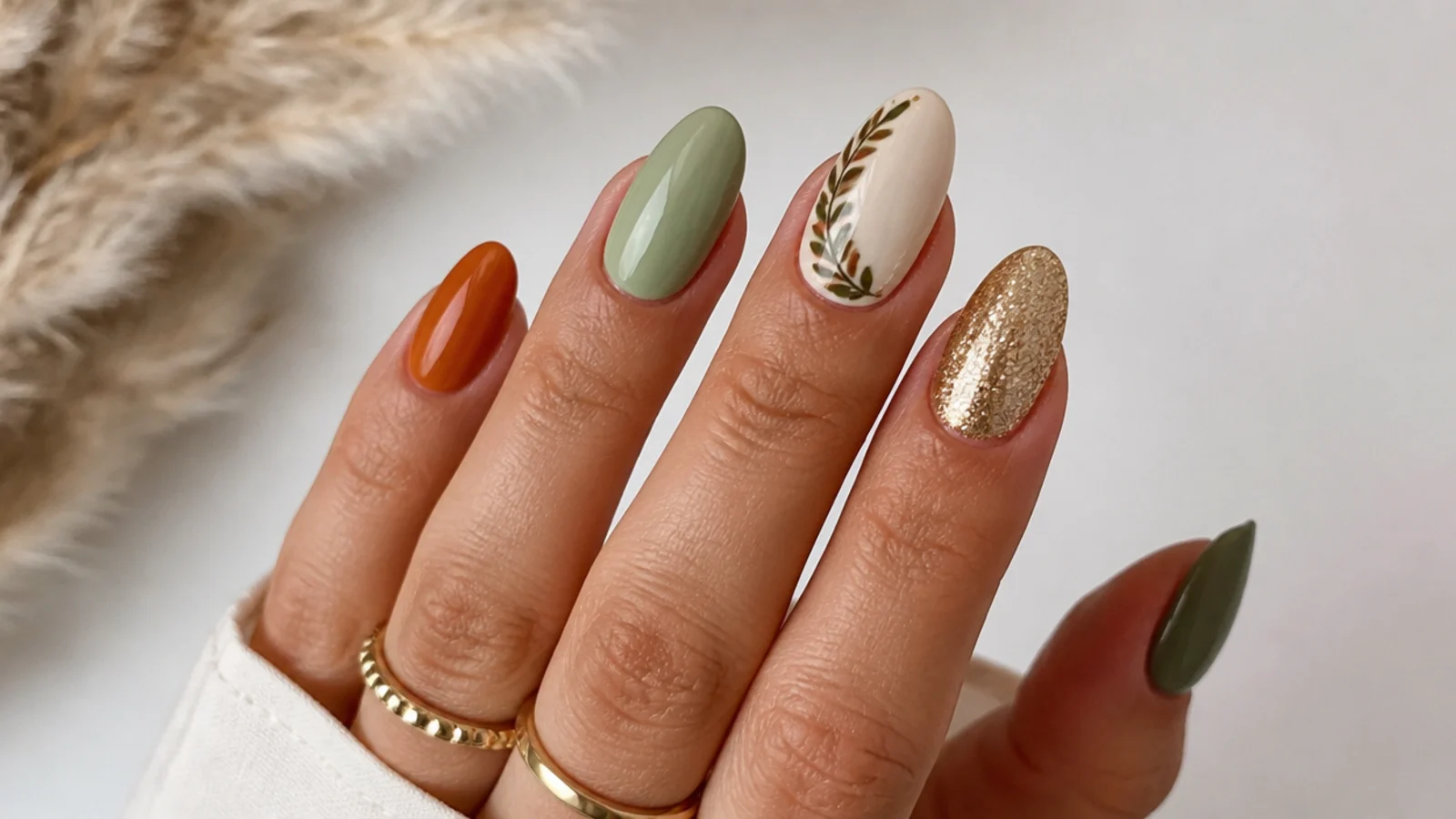 Swatches of terracotta, rust, olive, sage, cream and gold boho nail colors