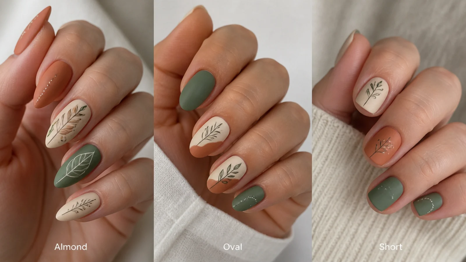 Almond, oval and short boho nails shown side by side with matte finish